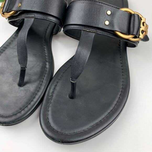 Tory Burch Marsden Sandals Flat Thong Black Leather Slip On Logo Women's 9 - Picture 2 of 11